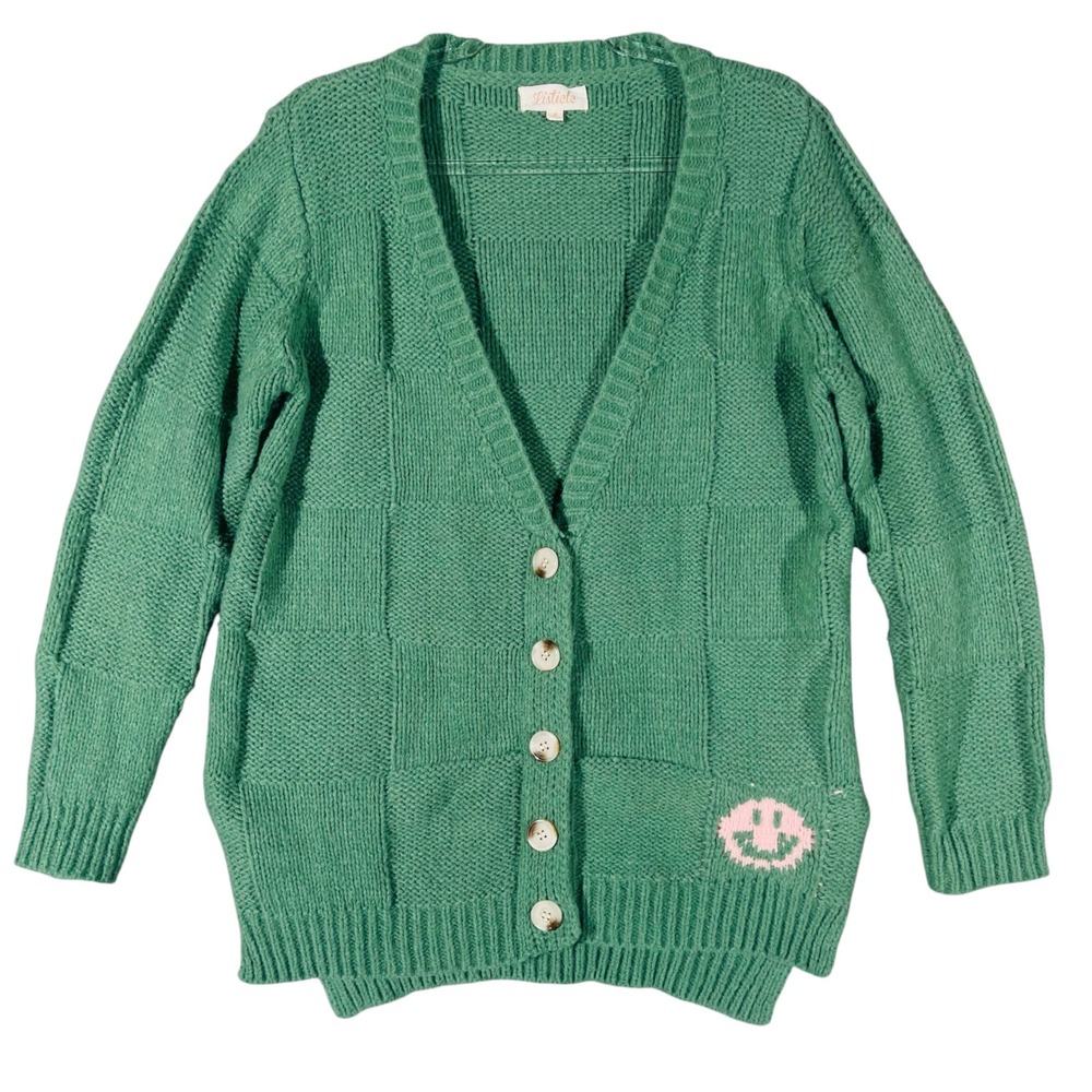 Listicle Cardigan Womens Smiley Face Checkerboard S Green Knit Button Up Sweater